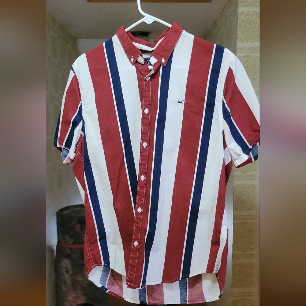 Red, White, and Blue Striped Men's Shirt-Hollister - Picture 1 of 3
